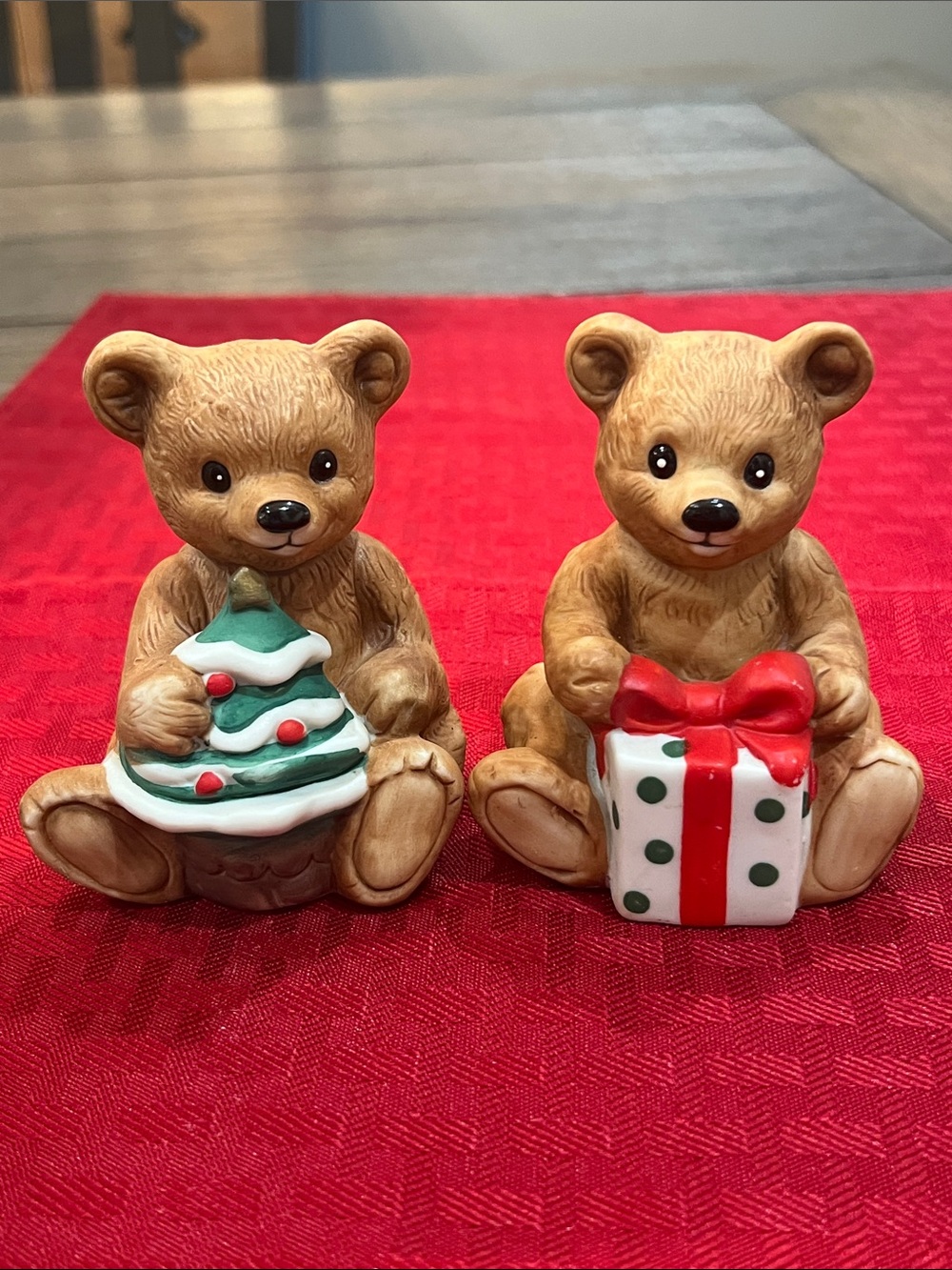 Brown Bear Holiday Figurine Set with Red & Green Accents